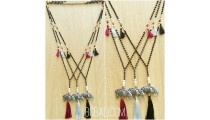 three color tassels elephant bronze caps bead necklace